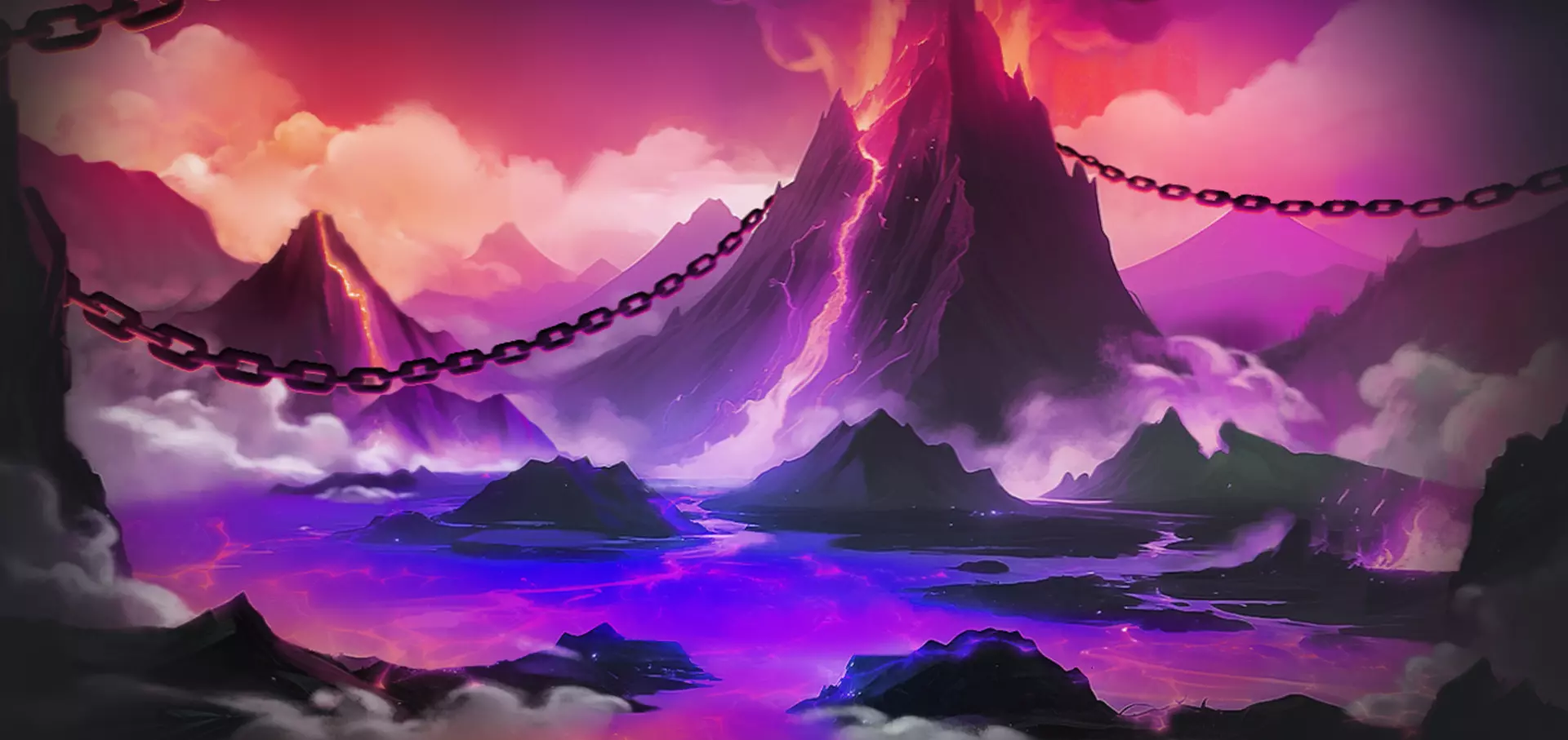 古神巴風特遊戲背景場景，火山與紫色能量構成的地獄世界觀畫面