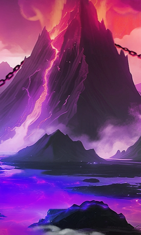 古神巴風特遊戲背景場景，火山與能量裂縫營造高波動氛圍